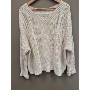 Favlux Womens L XL Cable Knit Sweater Oversized Fisherman Cream Cozy Tennis